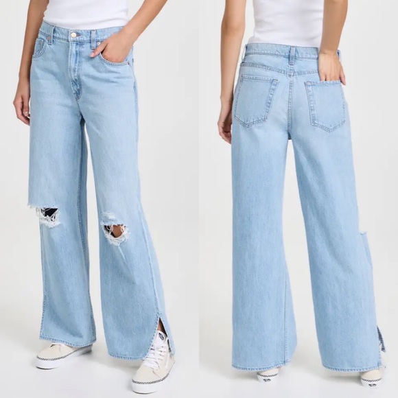 MOTHER Denim - MOTHER The Fun Dip Distressed High Waist Puddle Wide Leg Jeans Lots of Nibbles